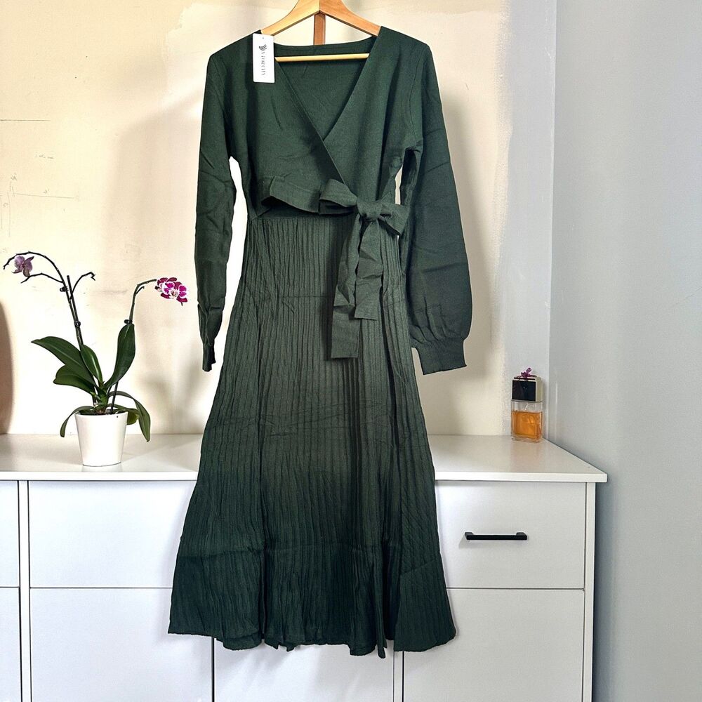 V For City Womens M Green Maternity Sweater Dress Wrap V Neck Pleated Knit New